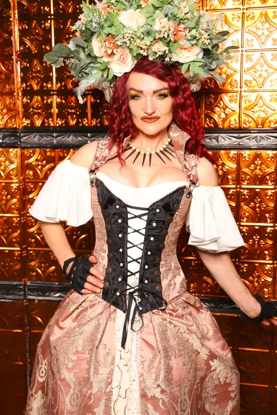 Buccaneer Overbust Corset in Pearl Pink Damask *FULL SIZE RODS* - The Wicked Dowager Collection