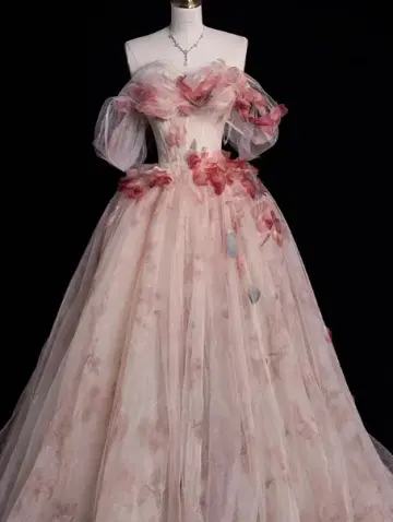 Pink Tulle 3D Floral Corset Prom Gown , Sweet Women's Maxi Quinceanera Dress Ball Gown RS2218