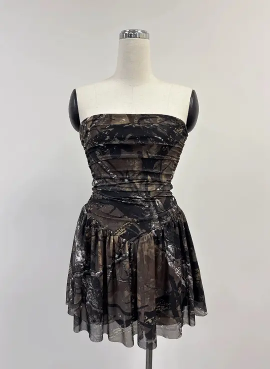 SAMPLE #418 - S Strapless Mesh Mini Dress - Forest Camo