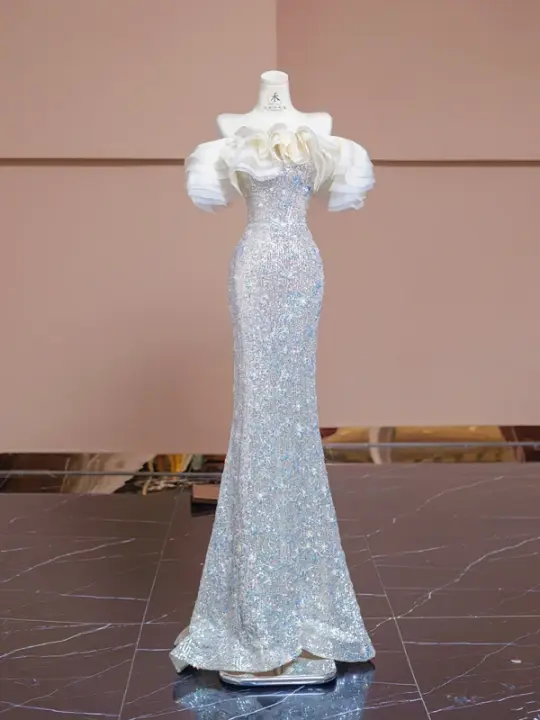 Light apricot off-the-shoulder neckline, fitted waist, bodycon long ball gown, bridal dress R8350