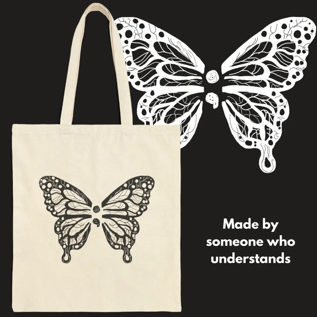 Semicolon Butterfly Tote Bag – Design for Suicide Prevention Awareness