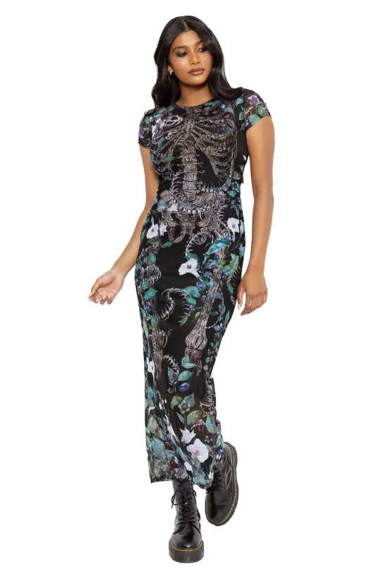 Grave Danger Sheer Cap Sleeve Bodycon Dress