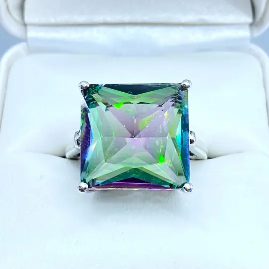 Mystic Topaz Art Deco Ring, Size 6, Square 12ct Large Gem #D45 - Ready to Ship