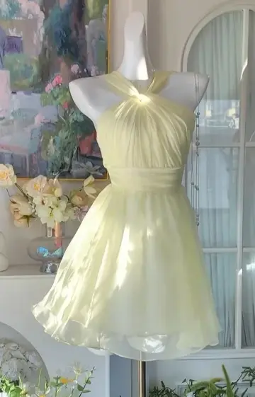 Halter Flowy Corset Homecoming Dress , Fresh Pastel Yellow Mini Summer Dress RS2134