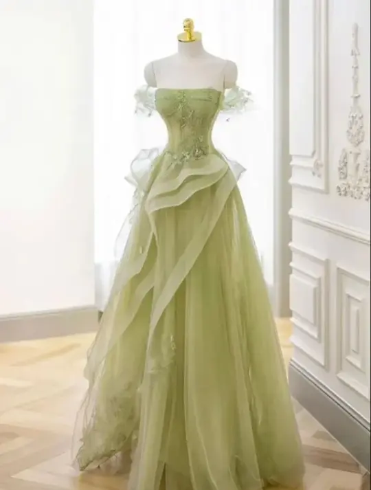 Tulle Sleeveless Embroidered Corset Prom Gown ,Fresh Green Maxi Evening Dress Ball Gown RS2083