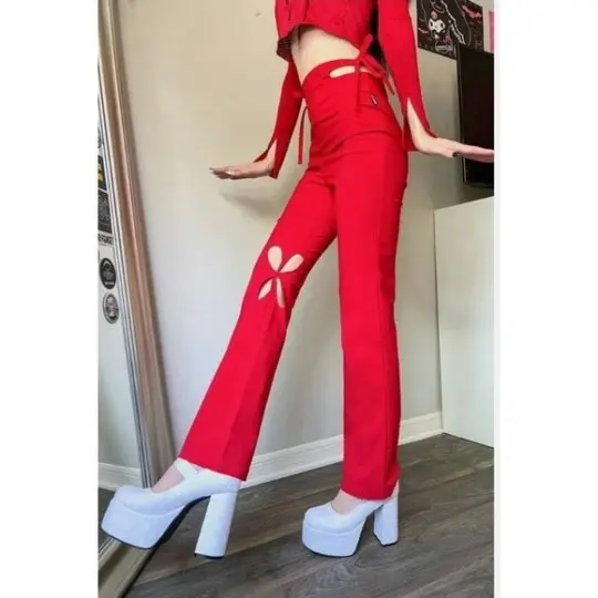 Holey Pray Red Cut-Out Pants with Semi-Flared High-Waist Fit