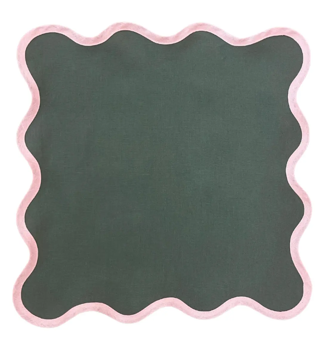 Fenwick and Fields Linen Scalloped Square | Pine Green with Peony Pink Trim set of 4