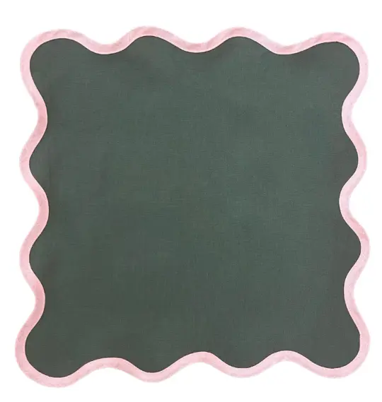 Fenwick and Fields Linen Scalloped Square | Pine Green with Peony Pink Trim set of 4