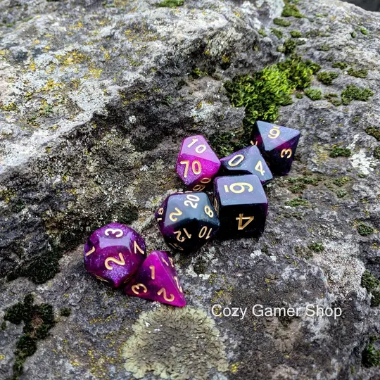 Warlock Dice Set – 7-Piece Semi-Translucent Black Purple Glitter Polyhedral