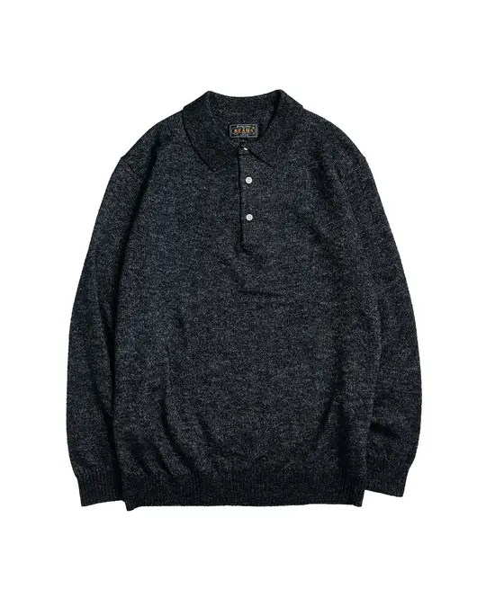 Beams Plus Knit Polo 9G Wool Silk Shaggy Black