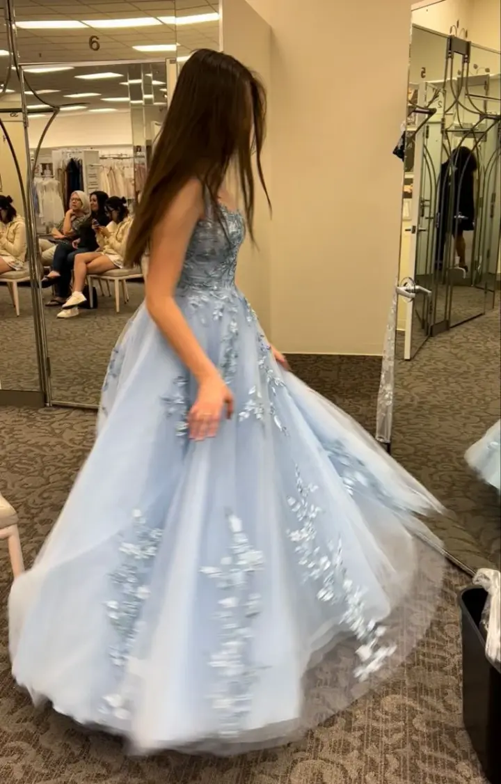 Clean Tulle Applique Women's Prom Gown Pale Blue Waist Fitted Maxi Evening Dress Birthday Dress — Fall Outfit 2026 New  RS3282