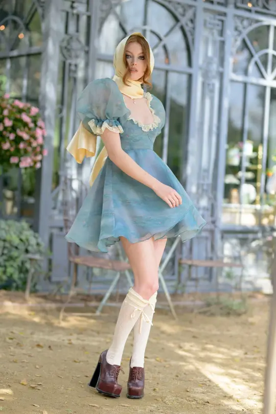 Gray blue high-grade puff sleeve waist princess dress homecoming dress R3648