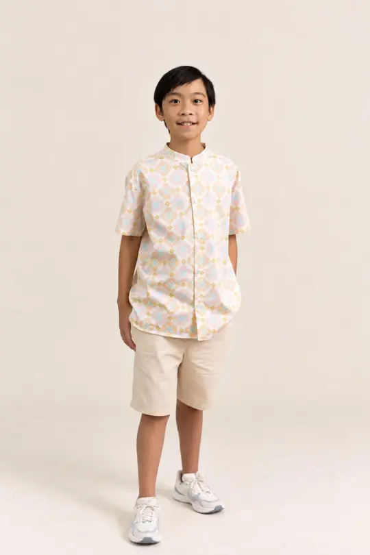 Mandarin-collared Shirt - Cream Lucky Coins