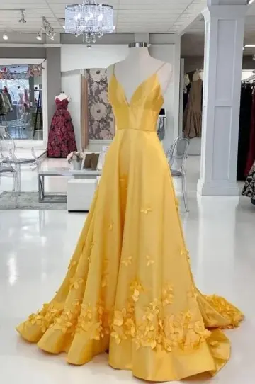 Vibrant Spaghetti Straps Applique Prom Gown Yellow Women's Maxi Evening Dress Ball Gown RS2834