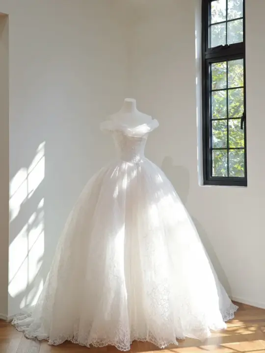 White off-the-shoulder, fitted waist, full skirt, long ball gown, bridal dress R8457