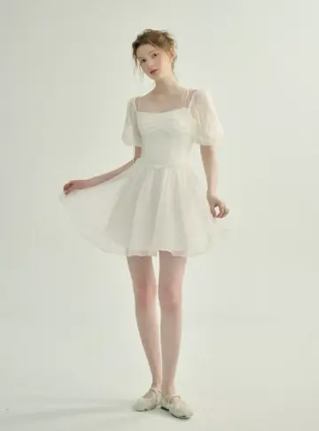White Tulle Mini Dress Women With Puff Sleeves And Square Neck R9484