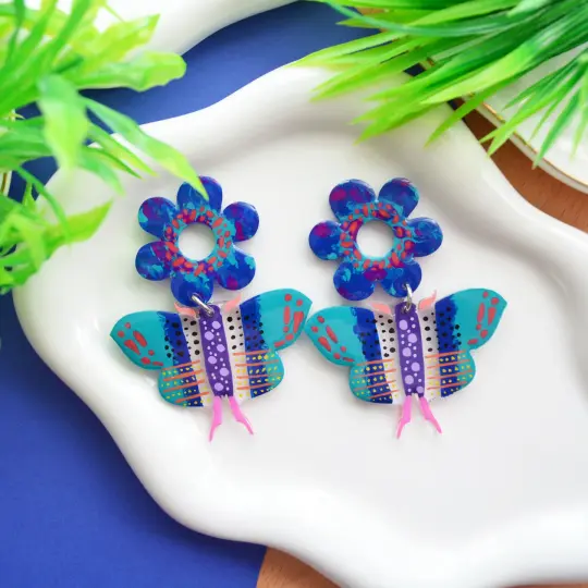 Blue Butterfly and Flower Resin Earrings, Laser Cut Acrylic Jewelry