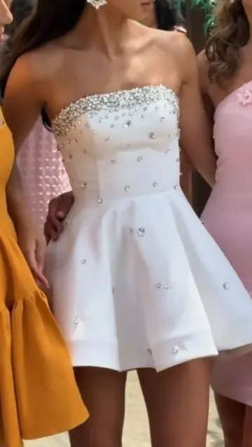 White tube top diamond waist slim A-line short skirt homecoming dress R5517