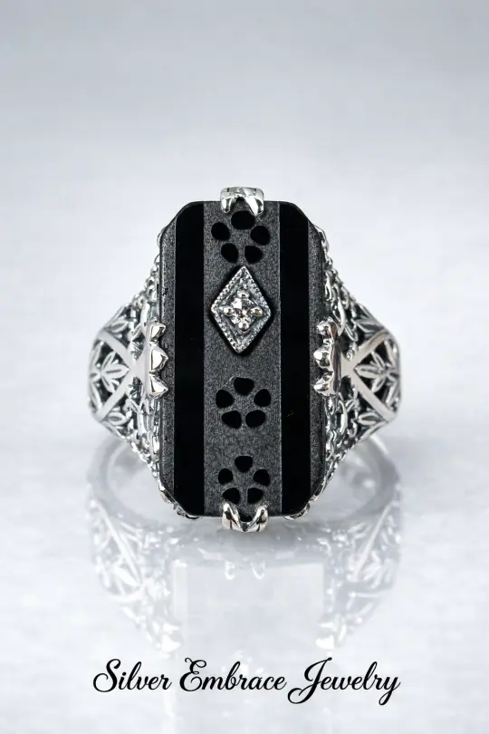 Baguette Black Carved Ring, Flower Etched with Inset Gem, Antique Filigree Victorian Design #D31