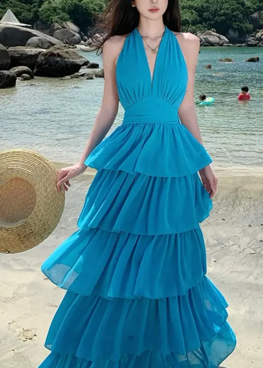 Resort Blue Summer Dress Ruffled A-Line Halter Corset Maxi Casual Dress RS670