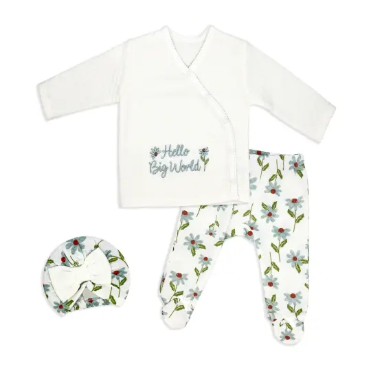 Baby Mode Baby Girls 3 Piece Lightly Quilted Hello Big World Layette Set, Cream Floral, 3-6M