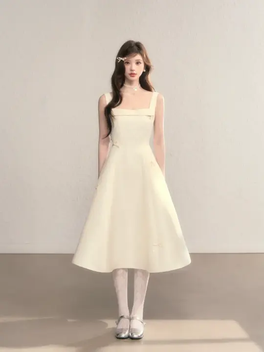 White suspender waist slim A-line mid-length skirt homecoming dress R5409