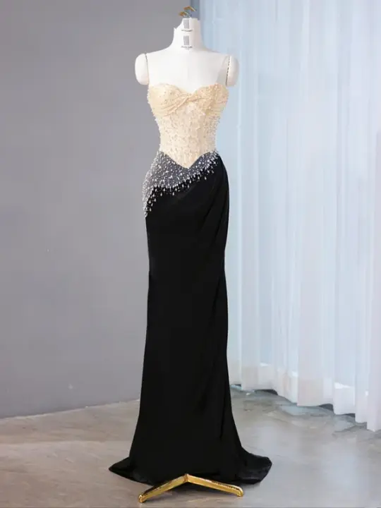 Light apricot strapless fitted bodice with a black bodycon skirt, long ball gown, bridal dress R9021