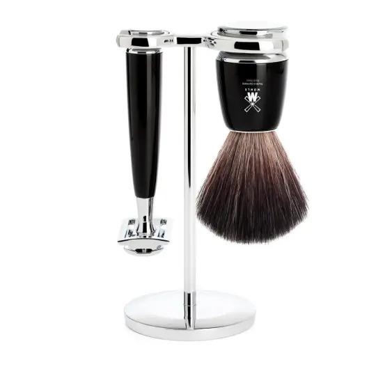 MÜHLE RYTMO 3 Pc. Shaving Set, Black Fibre Brush & Safety Razor, Black