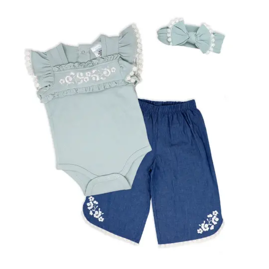 Baby Mode Baby Girls 3 Piece Lacey Denim Pants Set, 6-9M