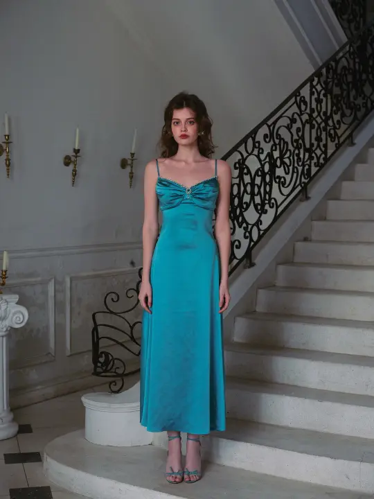 French retro textured satin slim long blue suspender dress holiday dress homecoming dress R5123