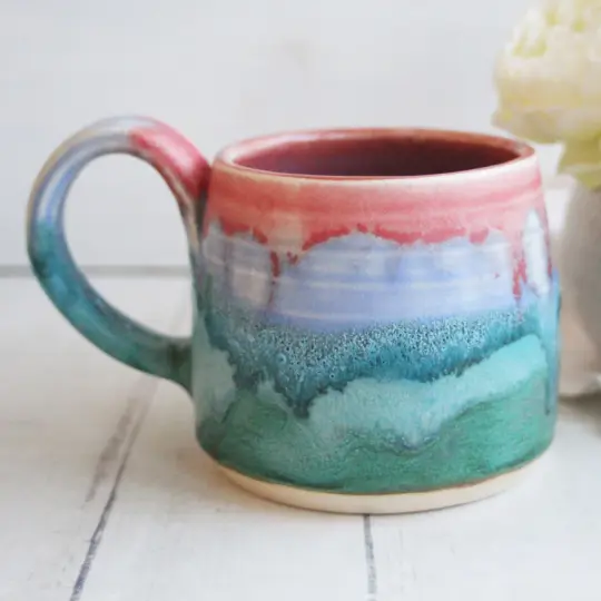 Artfully Glazed Matte Copper Green and Rose Pottery Mug, 14 Ounce Coffee Cup USA