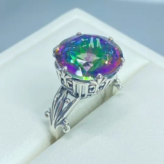 Mystic Topaz Ring, Size 5, Round Gem, Luv Silver Filigree Renaissance Jewelry, D226 - Ready to Ship