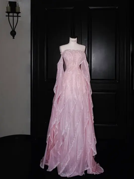Pink tube top girl waist cute long skirt, prom dress R5621