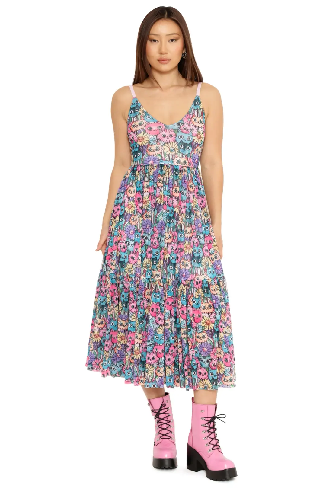Blossoming Kitties Sheer Midaxi Dress