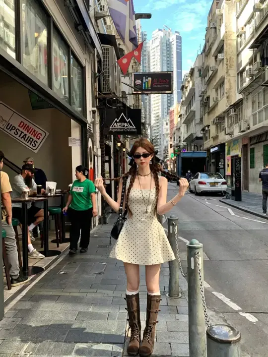 French-style color-blocked polka dot print dress R9096