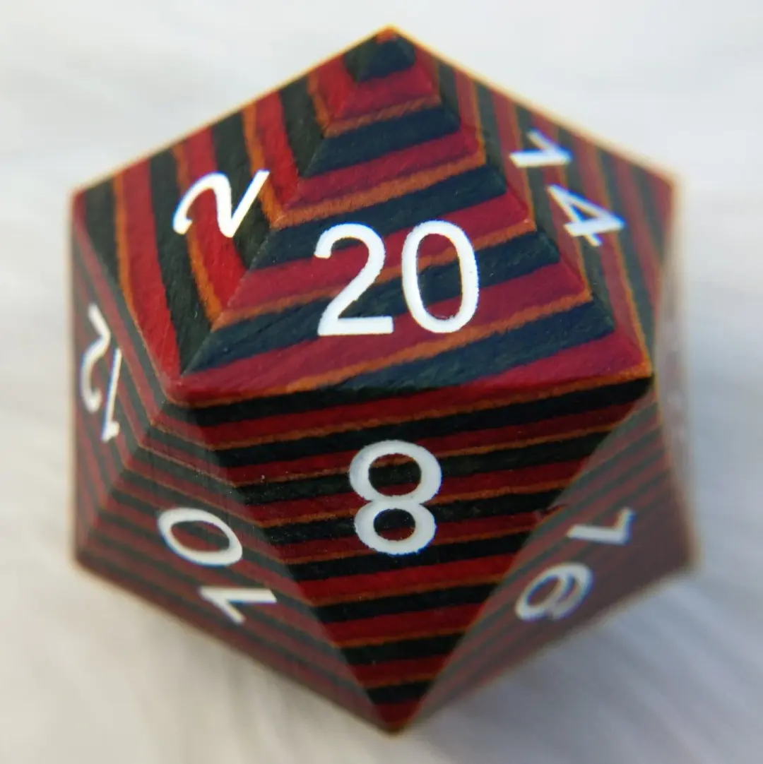 Red Blue Brown Stripe Large Wood D20 – Oversized Wooden DnD Die