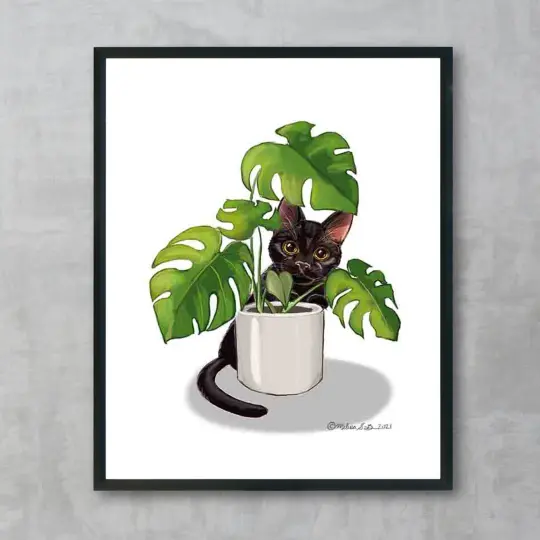 Cat and Monstera Plant Fine Art Print