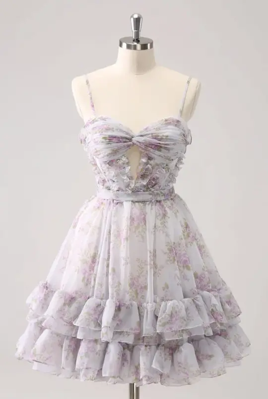 Pretty Lavender Floral Homecoming Dress ,A-Line Spaghetti Straps Pleated Mini Summer Dress Cami Dress RS1097