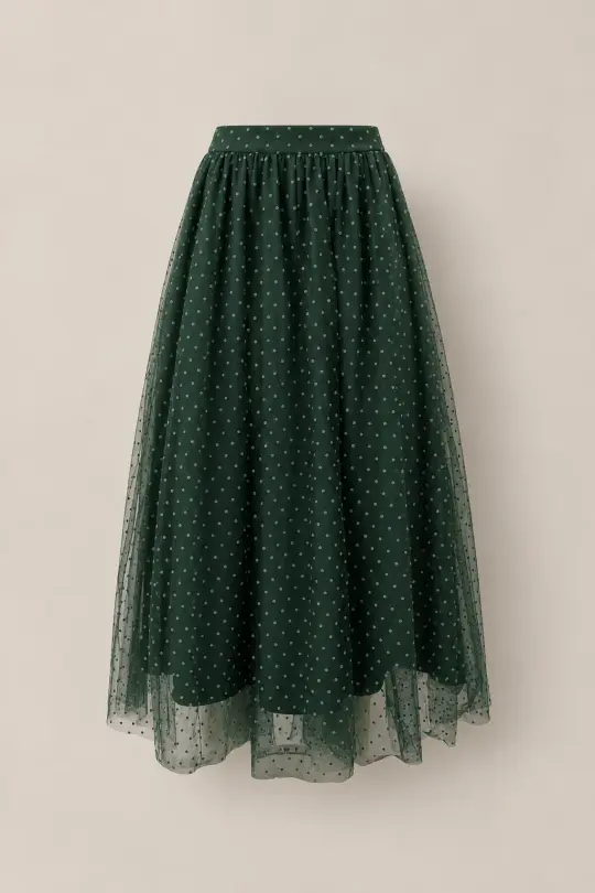 Brigitte Skirt in Emerald Flocked Dot Tulle