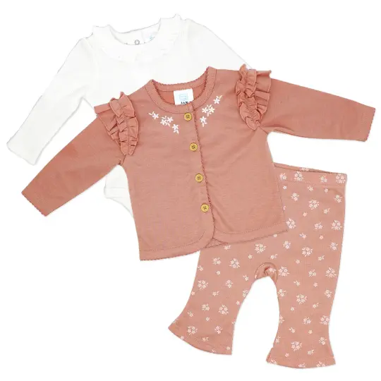 Baby Mode Girls 3 Piece Misty Rose Bell Pants and Jacket Set, 0-3M