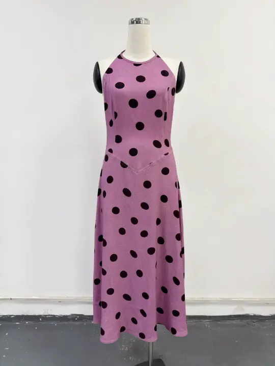 SAMPLE #404 - S Soft Linen Resort Halter Dress - Purple Polka Dot