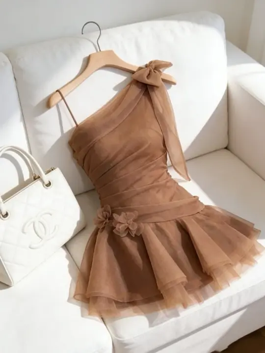 Charming Browm Homecoming Dress , Chiffon One-shoulder Corset Short Prom Dress Summer Dress RS1666