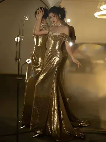Elegant Golden Sequin Sheath Strapless Corset Maxi Prom Dress Evening Dress RS384