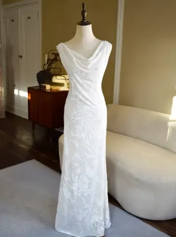 Elegant White Sheath Portrait Embroidery Open Back Corset Maxi Prom Dress RS473