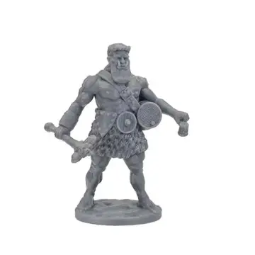 Unpainted 28mm 3D-printed resin hill giant with a club, belt shields and a stolen barrel - tabletop RPG miniature for D&D, Pathfinder & wargaming