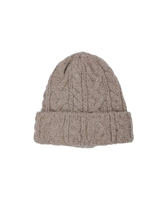 Found Feather Chunky Cable Knit Beanie Italian Donegal Wool Beige