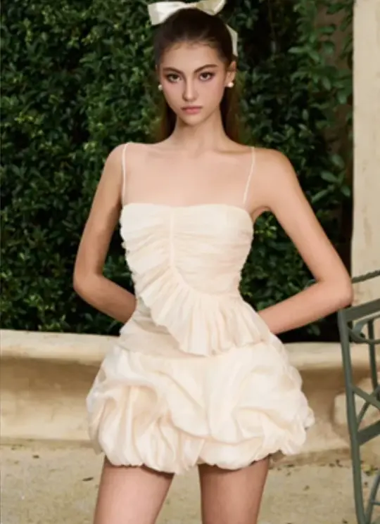 Champagne color suspender waist pleated bud skirt short skirt homecoming dress R4686