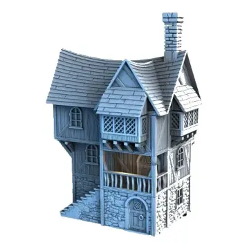 Unpainted 28mm 3D-printed multi-story timber-framed medieval town house (Greendale House) — tabletop RPG terrain for D&D, Pathfinder & wargaming