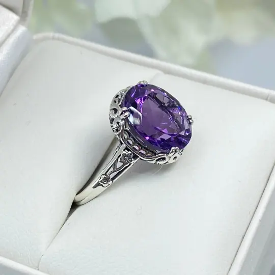 Natural Amethyst Ring, Size 7, Edwardian Antique Reproduction Jewelry #D70z - Ready to Ship