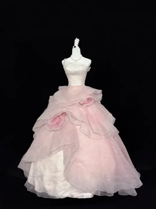 Light pink strapless, fitted waist, full skirt, long ball gown, bridal dress R9050